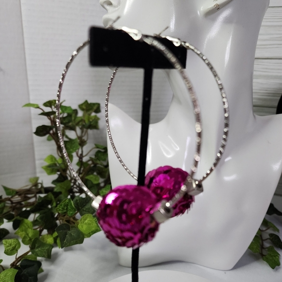 Large Silver Statement Hoop Earrings with Fuchsia Pink Sequin Disco Ball New - Picture 5 of 7